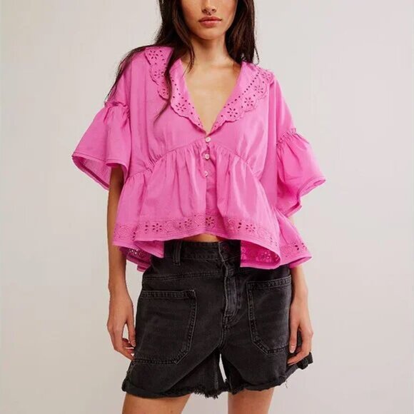 Free People Tops - Free People Elle Cutwork Top Fiji Flower Pink Eyelet Crop Top medium